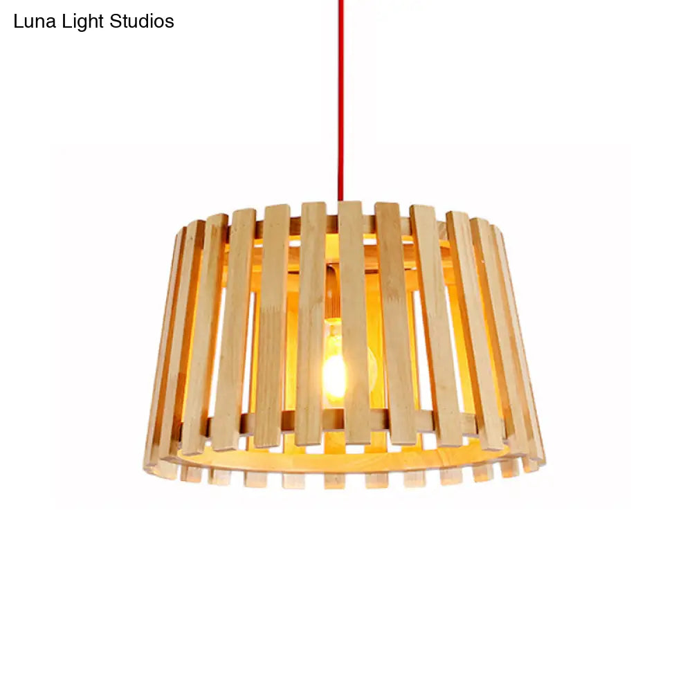 Contemporary Wood Slatted Drum Pendant Light In Beige - Ideal For Bedroom