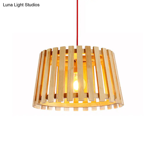 Contemporary Wood Slatted Drum Pendant Light In Beige - Ideal For Bedroom