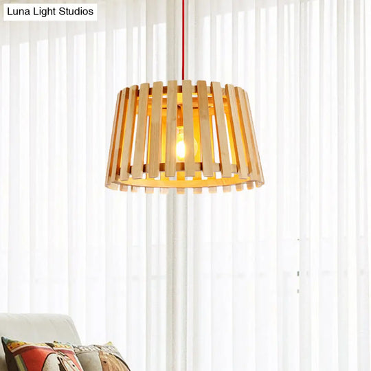 Contemporary Wood Slatted Drum Pendant Light In Beige - Perfect For Bedroom