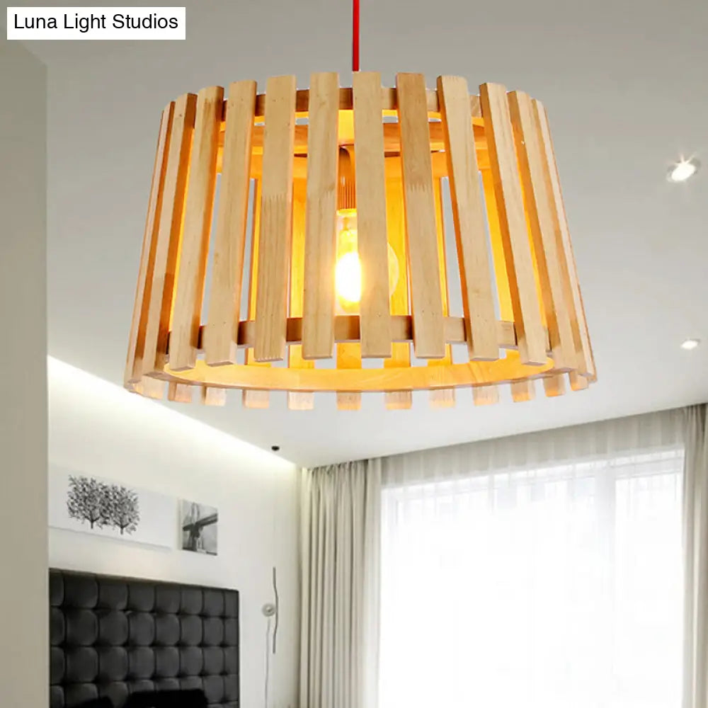 Contemporary Wood Slatted Drum Pendant Light In Beige - Perfect For Bedroom