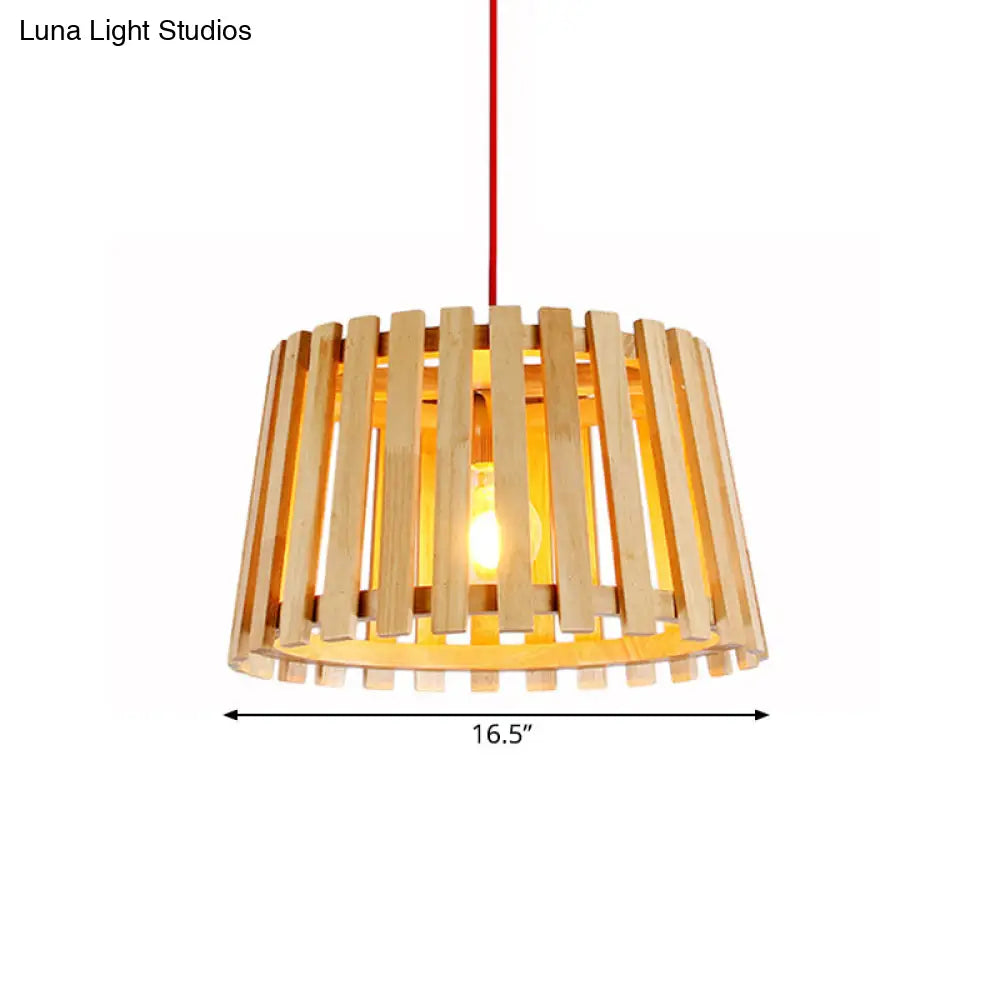 Contemporary Wood Slatted Drum Pendant Light In Beige - Perfect For Bedroom