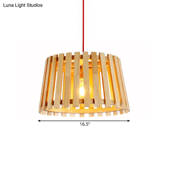 Contemporary Wood Slatted Drum Pendant Light In Beige - Perfect For Bedroom