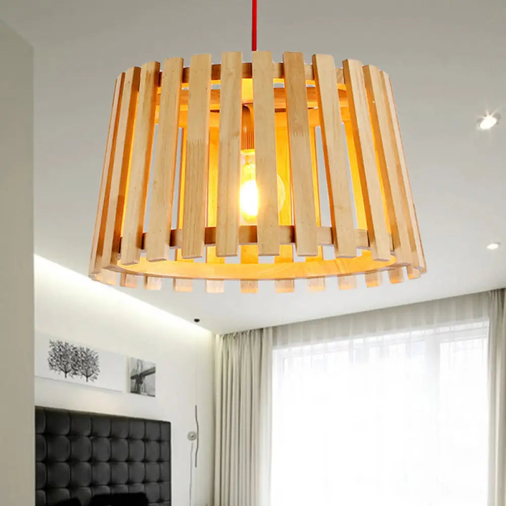 Contemporary Wood Slatted Drum Pendant Light In Beige - Ideal For Bedroom