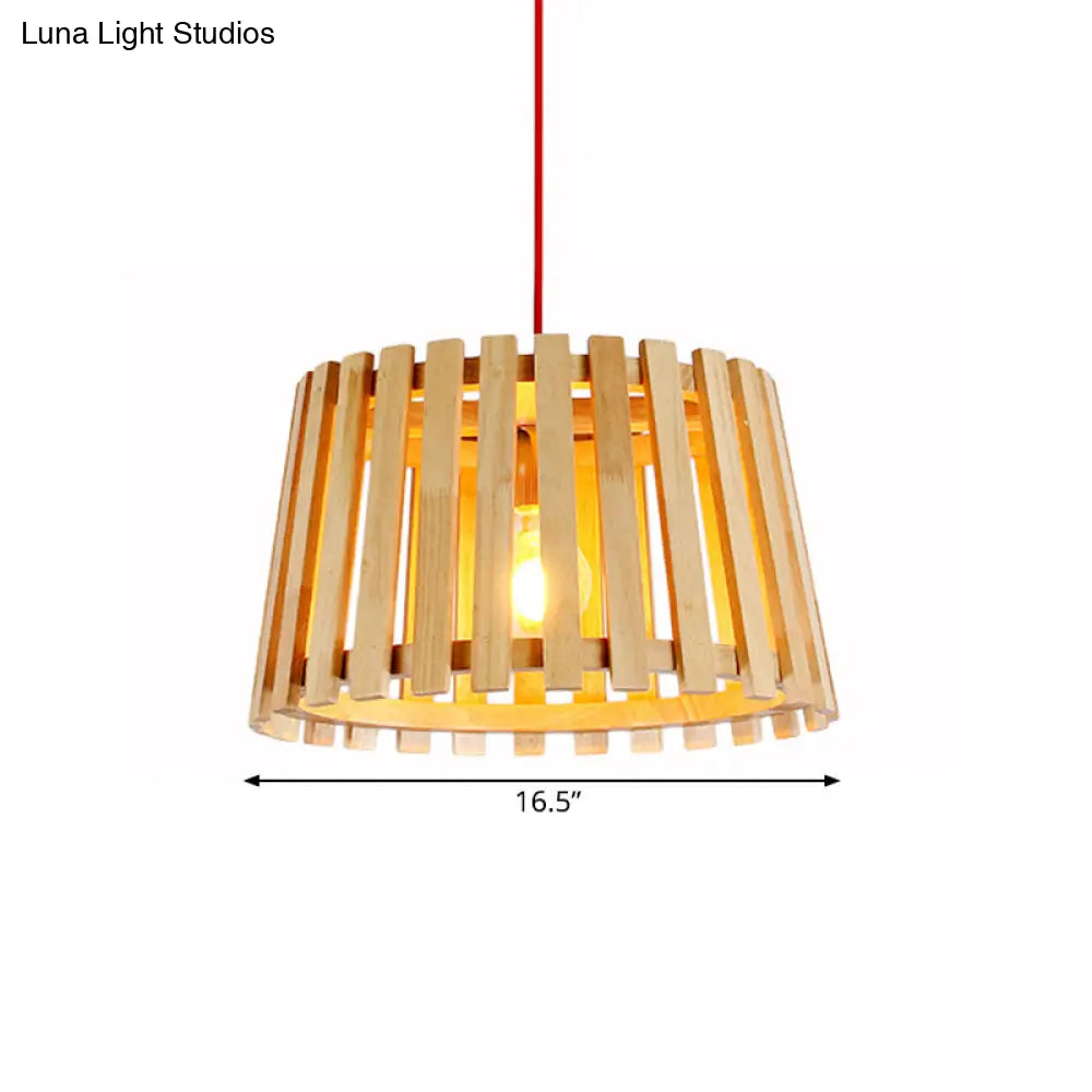 Contemporary Wood Slatted Drum Pendant Light In Beige - Ideal For Bedroom