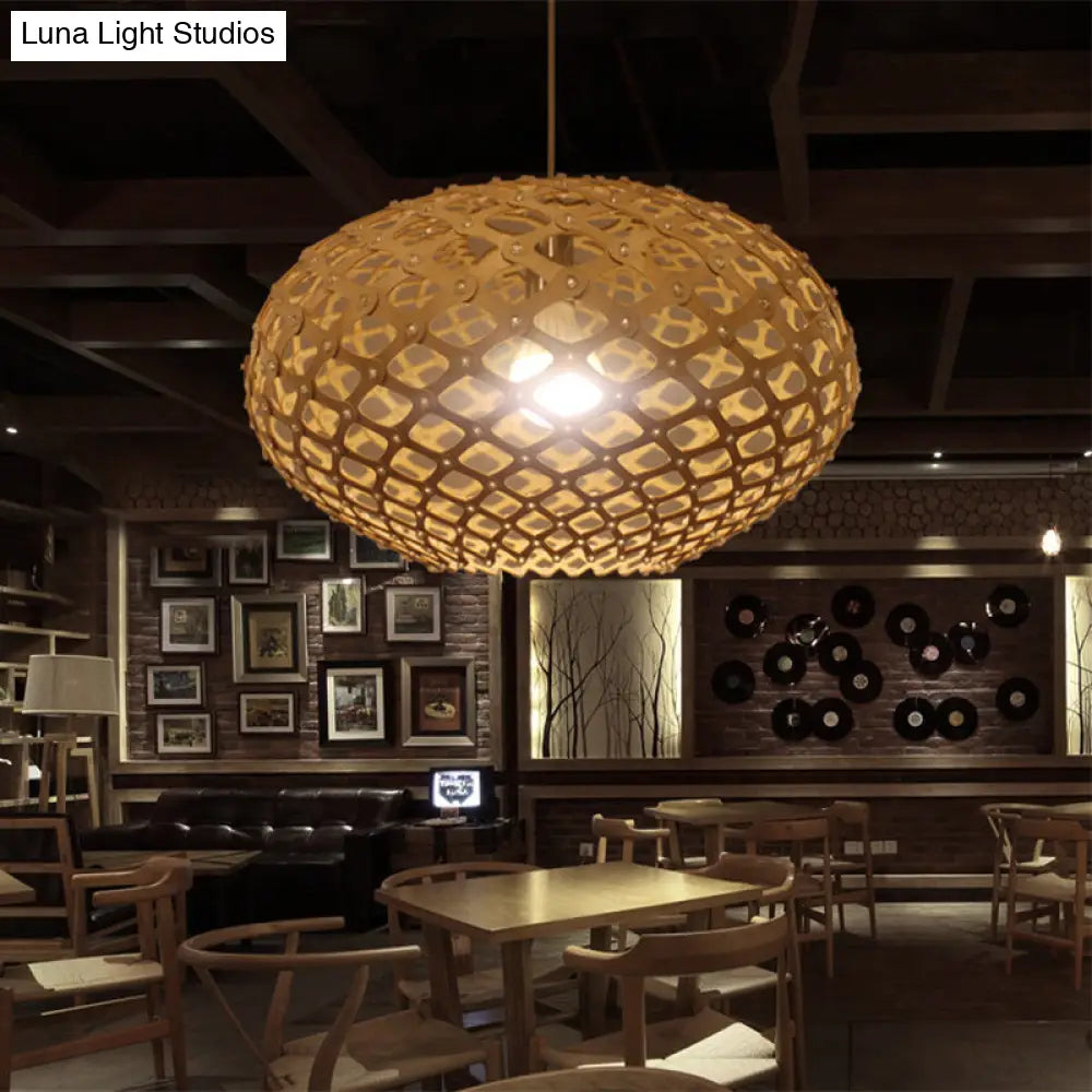 Contemporary Wood Suspension Pendant Light - Global Design 1 Bulb Beige 16/19.5 Wide