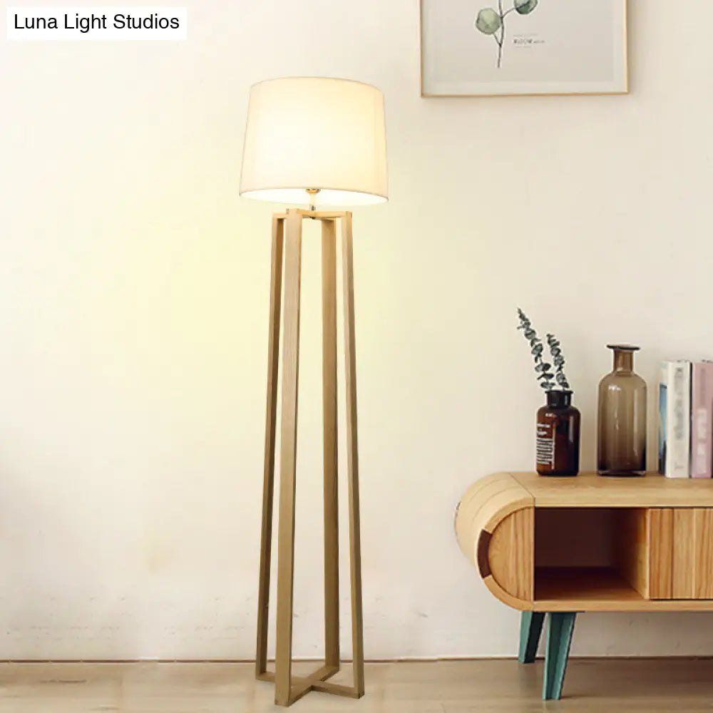 Contemporary Wood Trapezoid Floor Lamp With White Barrel Fabric Shade