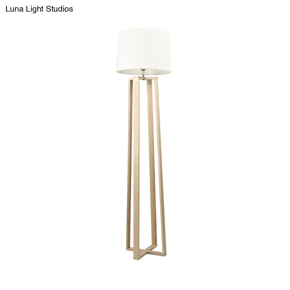 Contemporary Wood Trapezoid Floor Lamp With White Barrel Fabric Shade