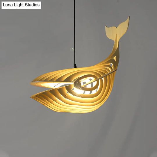 Contemporary Wood Pendant Light Kit For Stairway With Whale Suspension And Beige Finish