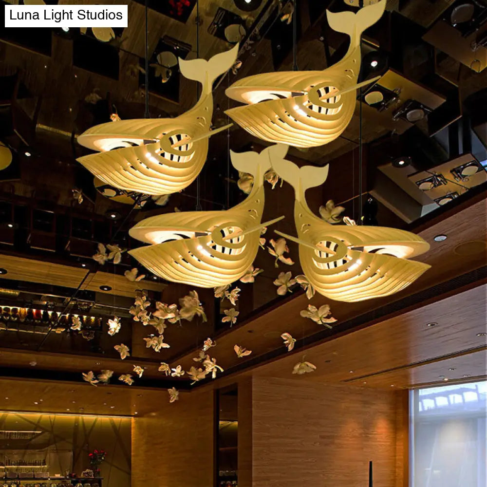 Contemporary Wood Pendant Light Kit For Stairway With Whale Suspension And Beige Finish