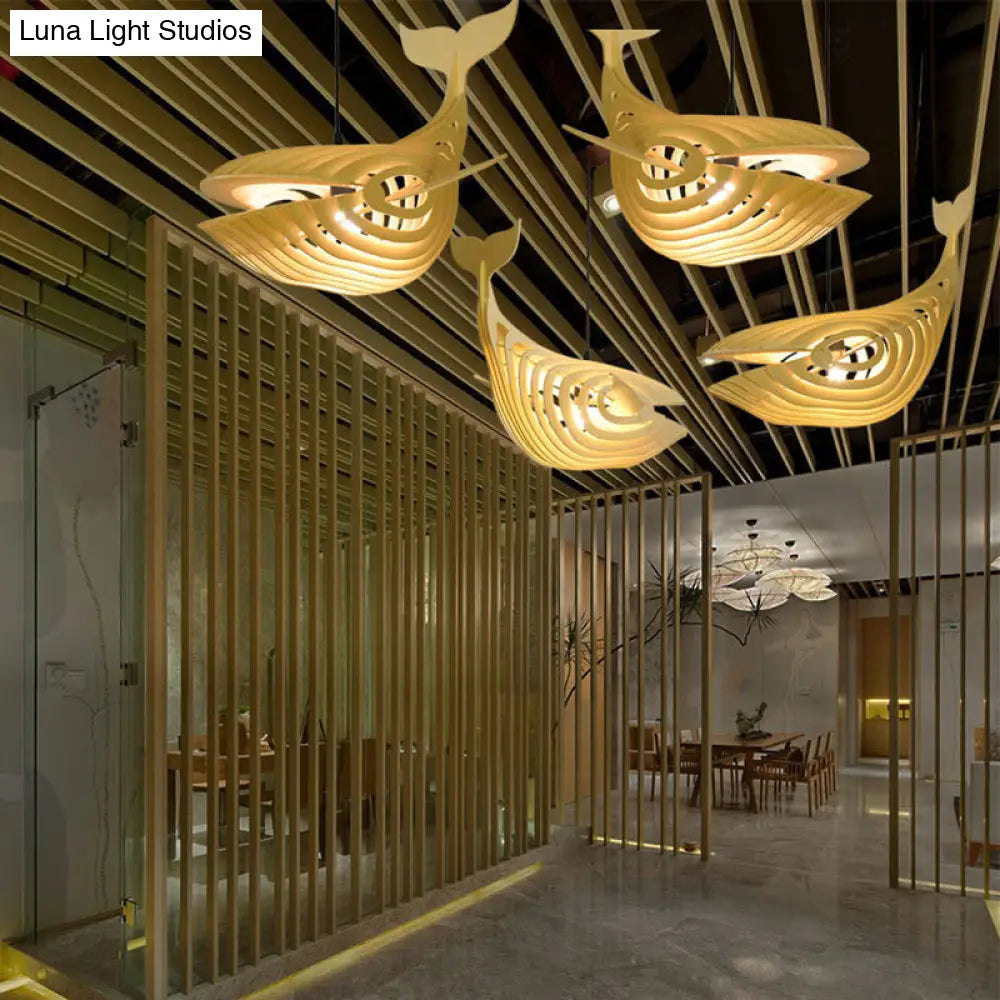 Contemporary Wood Pendant Light Kit For Stairway With Whale Suspension And Beige Finish