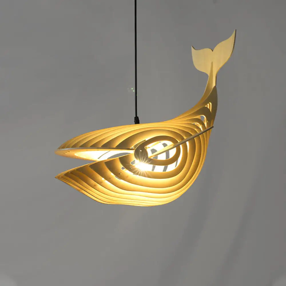 Contemporary Wood Whale Suspension Pendant: 1-Bulb Beige Hanging Light Kit For Stairway