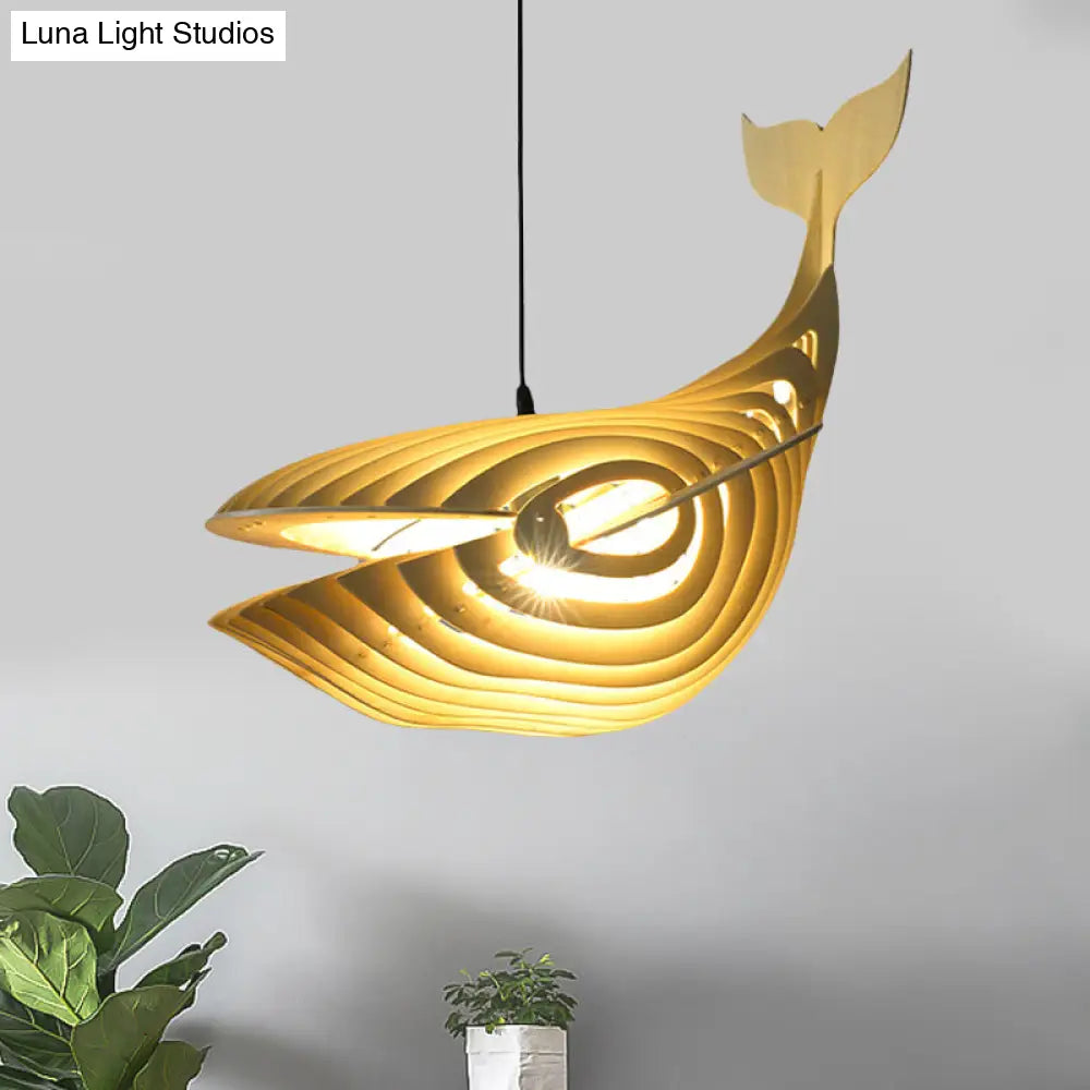 Contemporary Wood Pendant Light Kit For Stairway With Whale Suspension And Beige Finish