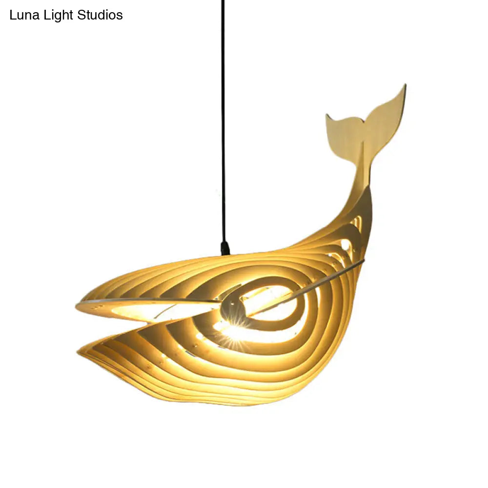 Contemporary Wood Pendant Light Kit For Stairway With Whale Suspension And Beige Finish