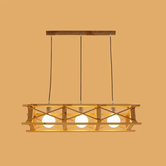 Contemporary Wooden Beige Hanging Light - Rectangular Cage Island Lamp For Restaurants 3 / Wood