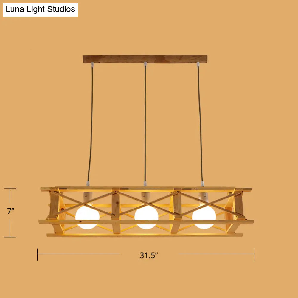 Contemporary Wooden Beige Hanging Light - Rectangular Cage Island Lamp For Restaurants