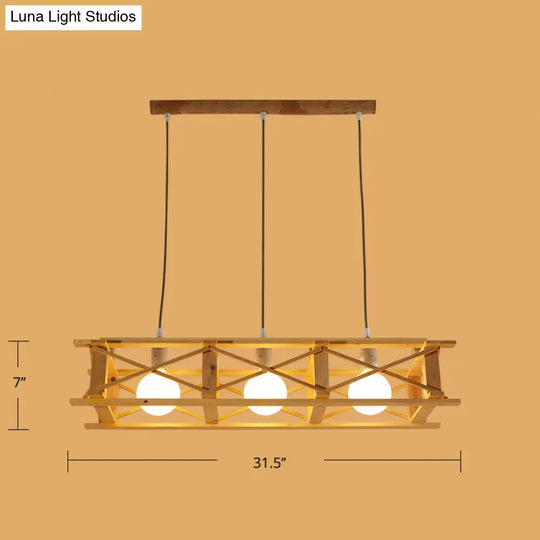 Contemporary Wooden Beige Hanging Light - Rectangular Cage Island Lamp For Restaurants