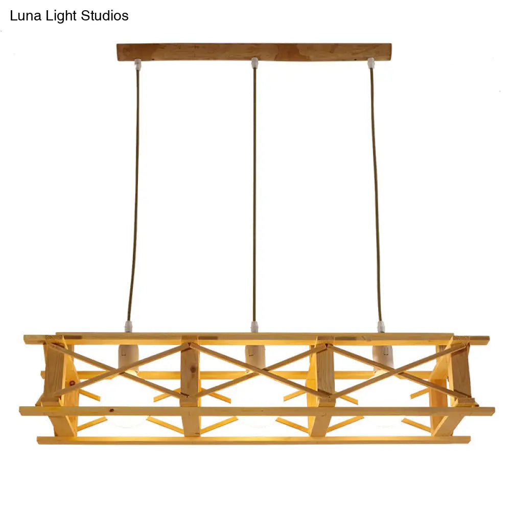 Contemporary Wooden Beige Hanging Light - Rectangular Cage Island Lamp For Restaurants