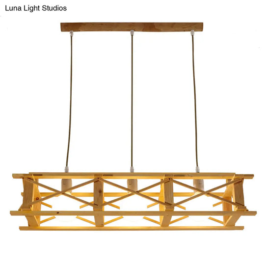 Contemporary Wooden Beige Hanging Light - Rectangular Cage Island Lamp For Restaurants