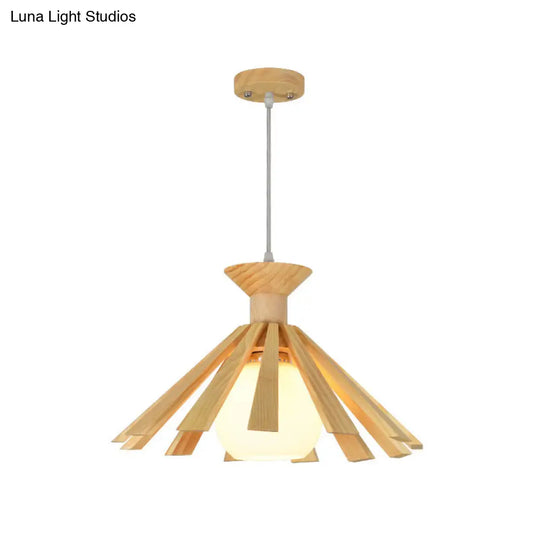 Contemporary Wooden Pendant Ceiling Light With Cream Glass Shade - Single-Bulb Dining Room Hanging