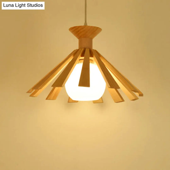 Contemporary Wooden Pendant Ceiling Light With Cream Glass Shade - Single-Bulb Dining Room Hanging