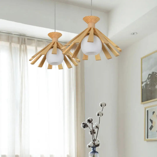 Contemporary Wooden Pendant Ceiling Light With Cream Glass Shade - Single-Bulb Dining Room Hanging