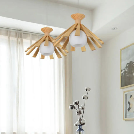 Contemporary Wooden Pendant Ceiling Light With Cream Glass Shade - Single-Bulb Dining Room Hanging