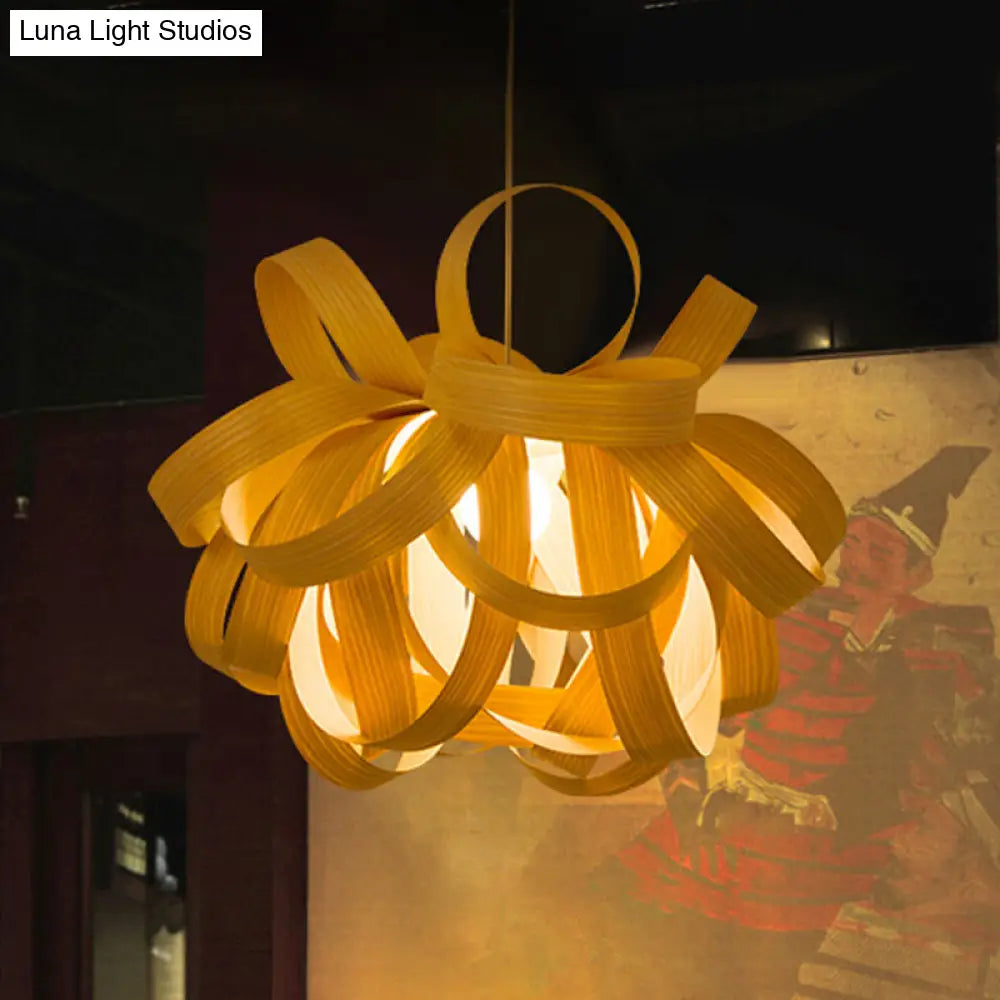 Contemporary Wooden Pendant Lamp With Twist Design - 1 Light Beige Hanging For Living Room 18/23.5