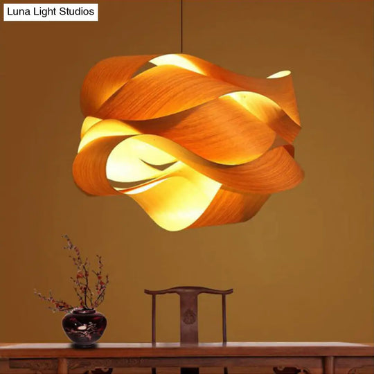 Contemporary Wooden Pendant Lamp With Twist Design - 1 Light Beige Hanging For Living Room 18/23.5