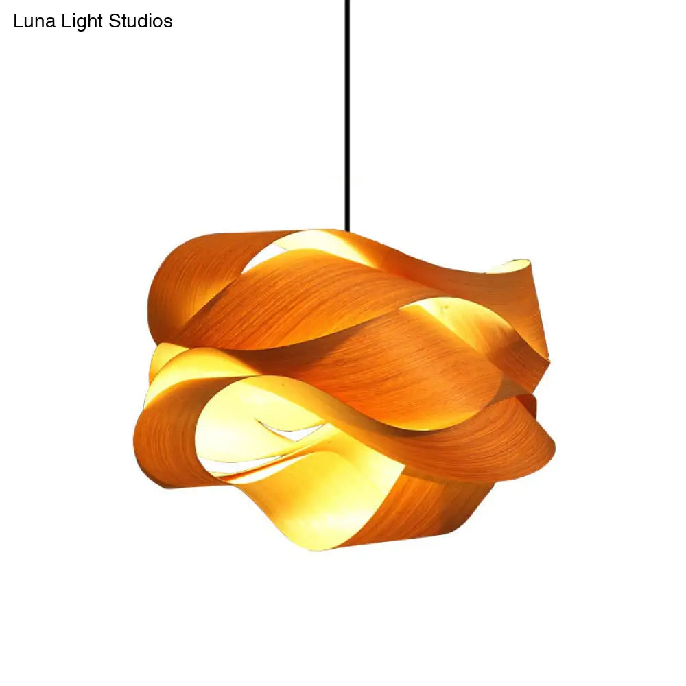 Contemporary Wooden Pendant Lamp With Twist Design - 1 Light Beige Hanging For Living Room 18/23.5