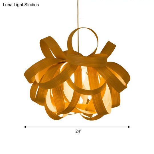 Contemporary Wooden Pendant Lamp With Twist Design - 1 Light Beige Hanging For Living Room 18/23.5