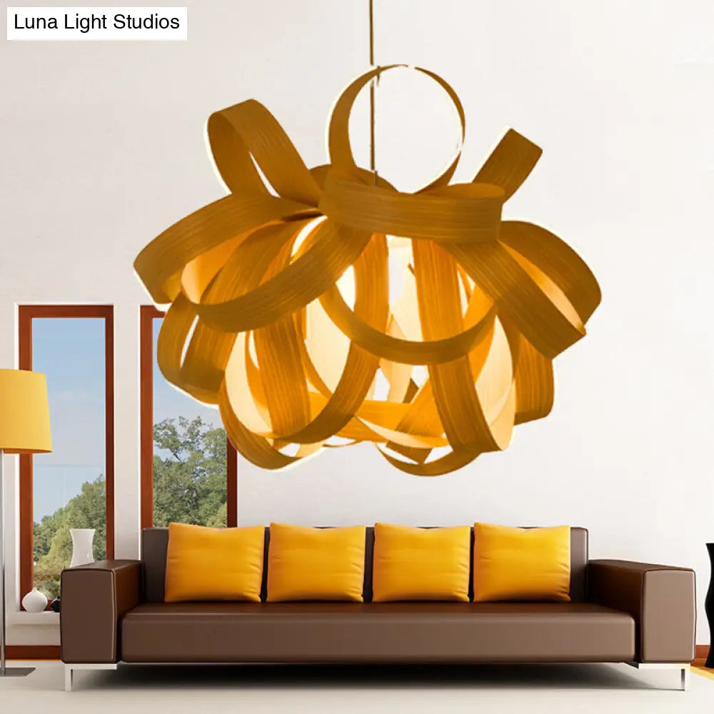 Contemporary Wooden Pendant Lamp With Twist Design - 1 Light Beige Hanging For Living Room 18/23.5