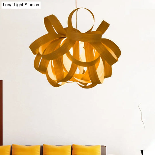 Contemporary Wooden Pendant Lamp With Twist Design - 1 Light Beige Hanging For Living Room 18/23.5