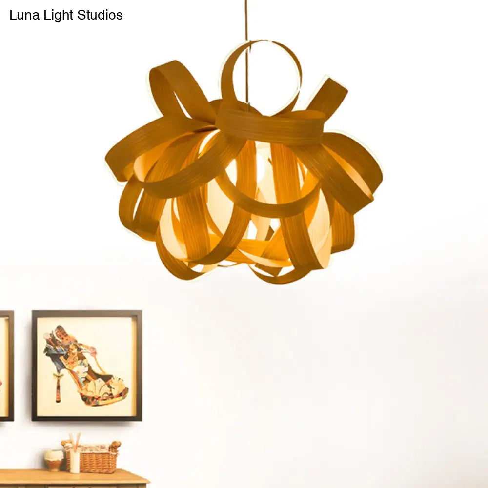 Contemporary Wooden Pendant Lamp With Twist Design - 1 Light Beige Hanging For Living Room 18/23.5