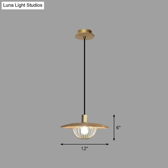 Contemporary Disc Pendant Light With Wooden Finish And Cage Bottom - 1-Light Ceiling Lighting 1 /