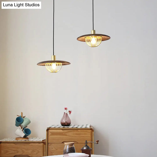 Contemporary Disc Pendant Light With Wooden Finish And Cage Bottom - 1-Light Ceiling Lighting