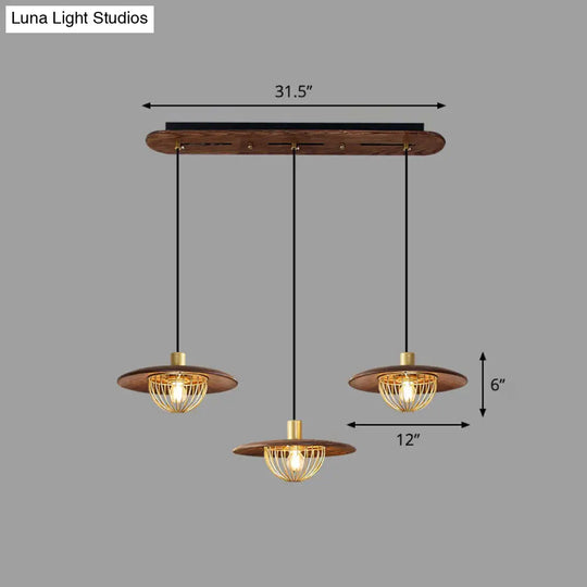 Contemporary Disc Pendant Light With Wooden Finish And Cage Bottom - 1-Light Ceiling Lighting 3 /