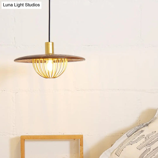 Contemporary Disc Pendant Light With Wooden Finish And Cage Bottom - 1-Light Ceiling Lighting