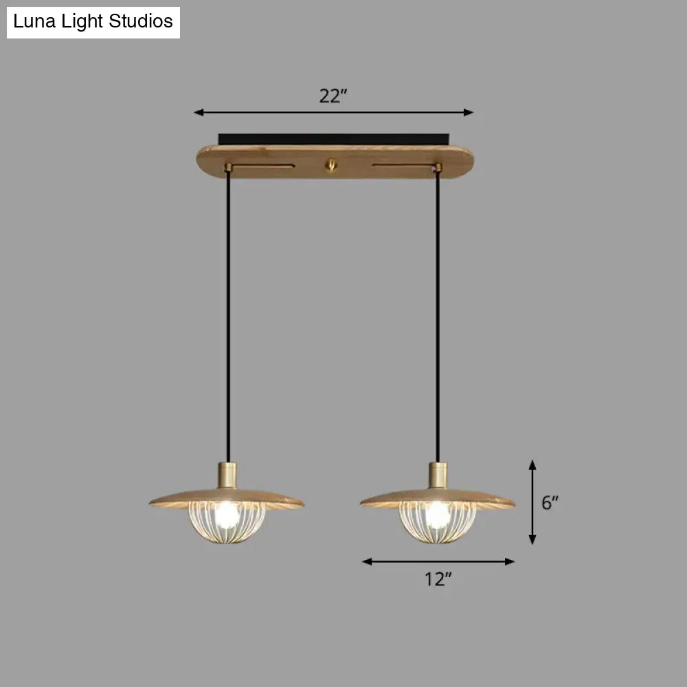 Contemporary Disc Pendant Light With Wooden Finish And Cage Bottom - 1-Light Ceiling Lighting 2 /