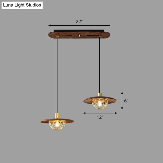 Contemporary Disc Pendant Light With Wooden Finish And Cage Bottom - 1-Light Ceiling Lighting 2 /