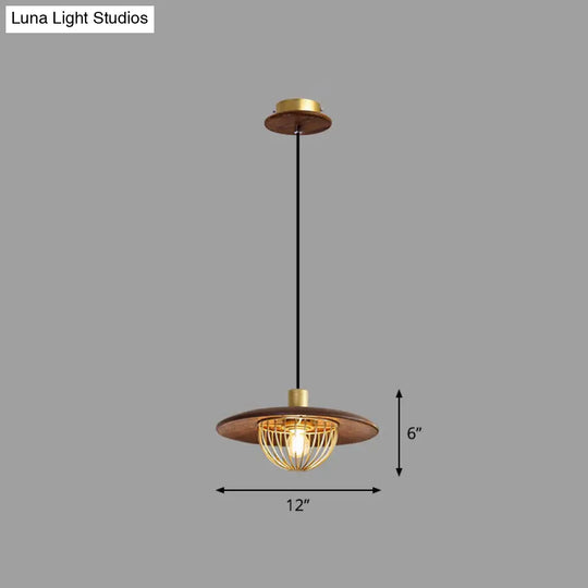 Contemporary Disc Pendant Light With Wooden Finish And Cage Bottom - 1-Light Ceiling Lighting 1 /