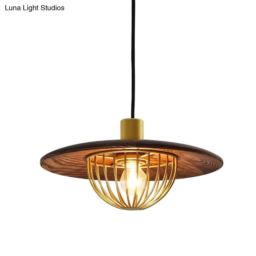 Contemporary Disc Pendant Light With Wooden Finish And Cage Bottom - 1-Light Ceiling Lighting