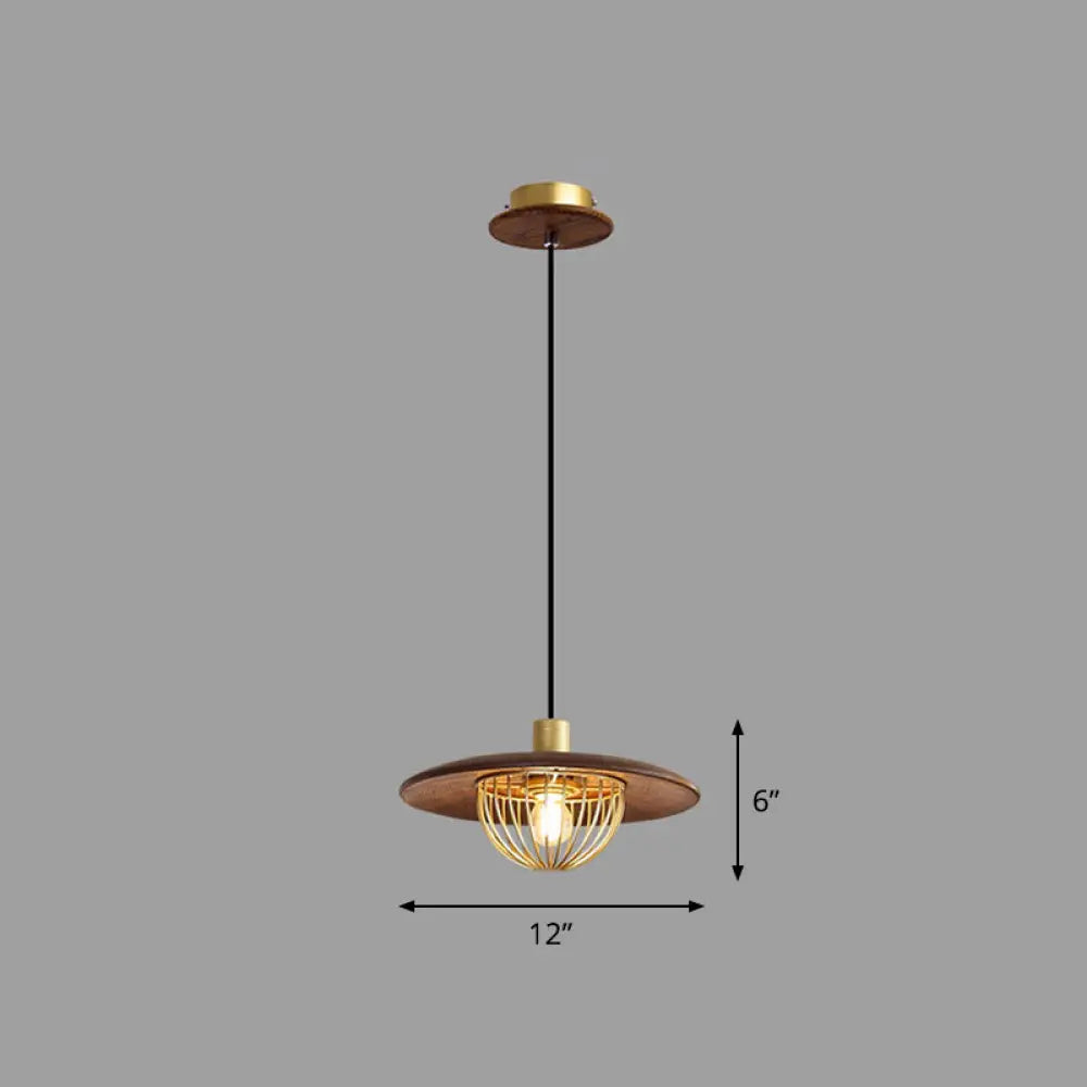 Contemporary Wooden Pendant Light With Cage Bottom - 1-Light Hanging Ceiling Fixture 1 / Coffee