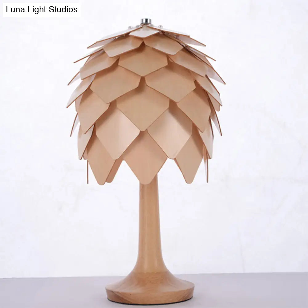 Contemporary Wooden Pine Cone Table Lamp In Beige - Bedroom Lighting