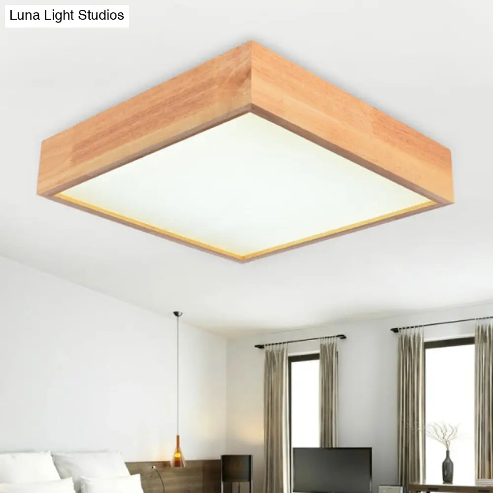 Contemporary Wooden Square Led Ceiling Light Fixture - Wide 1-Light Flush Mount Lamp In Warm/White