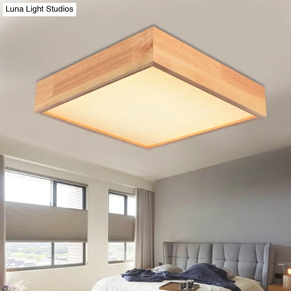 Contemporary Wooden Square Led Ceiling Light Fixture - Wide 1-Light Flush Mount Lamp In Warm/White