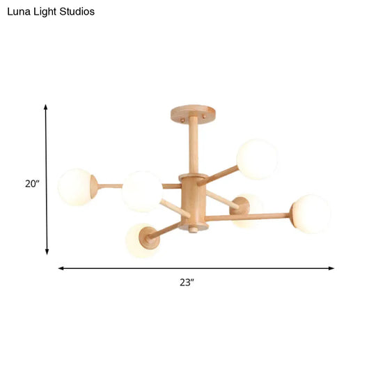 Contemporary Wooden Starburst Chandelier With White Glass Ball Shades - 6/8/12 Lights