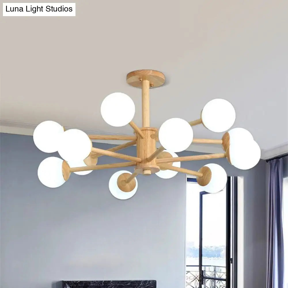 Contemporary Wooden Starburst Chandelier With White Glass Ball Shades - 6/8/12 Lights