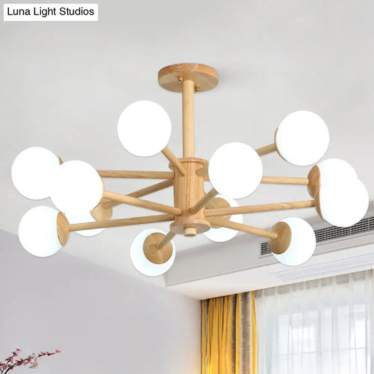 Contemporary Wooden Starburst Chandelier With Glass Ball Shade - Natural Wood Finish 6/8/12 Lights