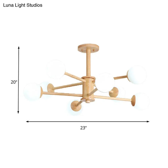 Contemporary Wooden Starburst Chandelier With White Glass Ball Shades - 6/8/12 Lights