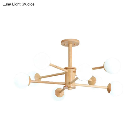 Contemporary Wooden Starburst Chandelier With White Glass Ball Shades - 6/8/12 Lights